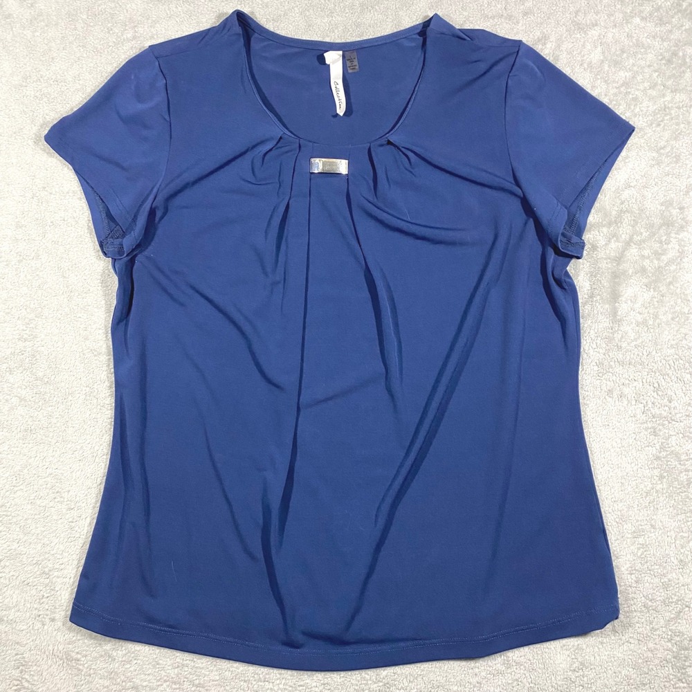 NY‎ Collection Pleated Scoop Neck Top Womens Large Blue Silver Bar Accent